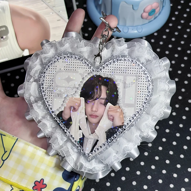 Luxury Silver Gray Custom Idol Keychain Handmade Kpop Figure Bag Charm with Metallic Lace and Rhinestones