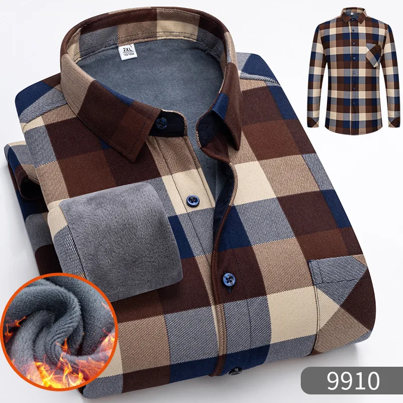 Autumn Winter Fleece Shirts for Men Business Plaid Shirt Long Sleeve Warm Clothes Turn Down Collar Button Up Shirts Classic 5XL