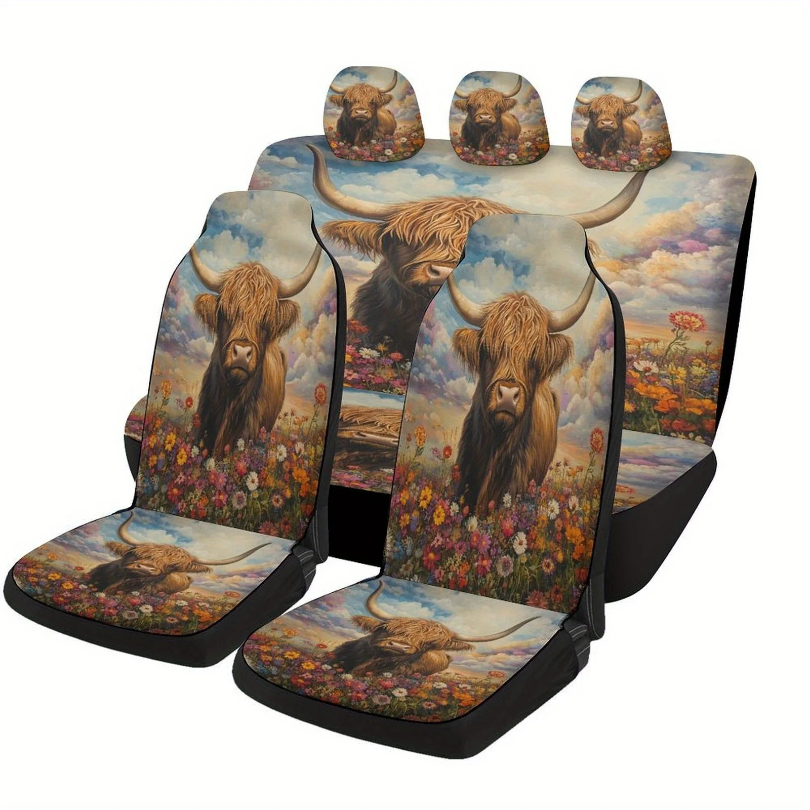 

Highland Cow In Flowers Themed Car Seat Cover Set For Most Cars, Fashionable Novelty Car Seat Protector Covers Full Set, Univers