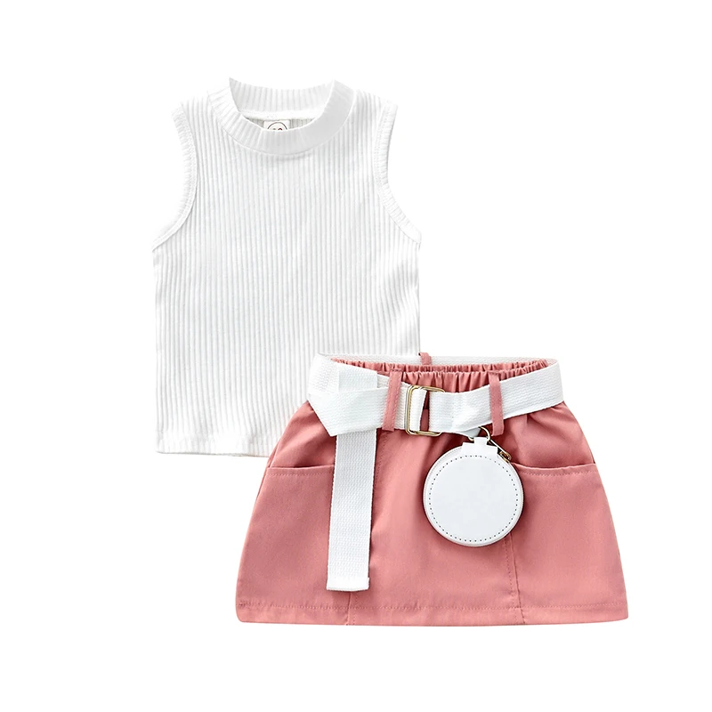 0-5Y Baby Girls Clothes Set 2025 Summer Children Solid Color Sleeveless Tank Tops Pocket Skirt Fanny Pack Kids Outfits