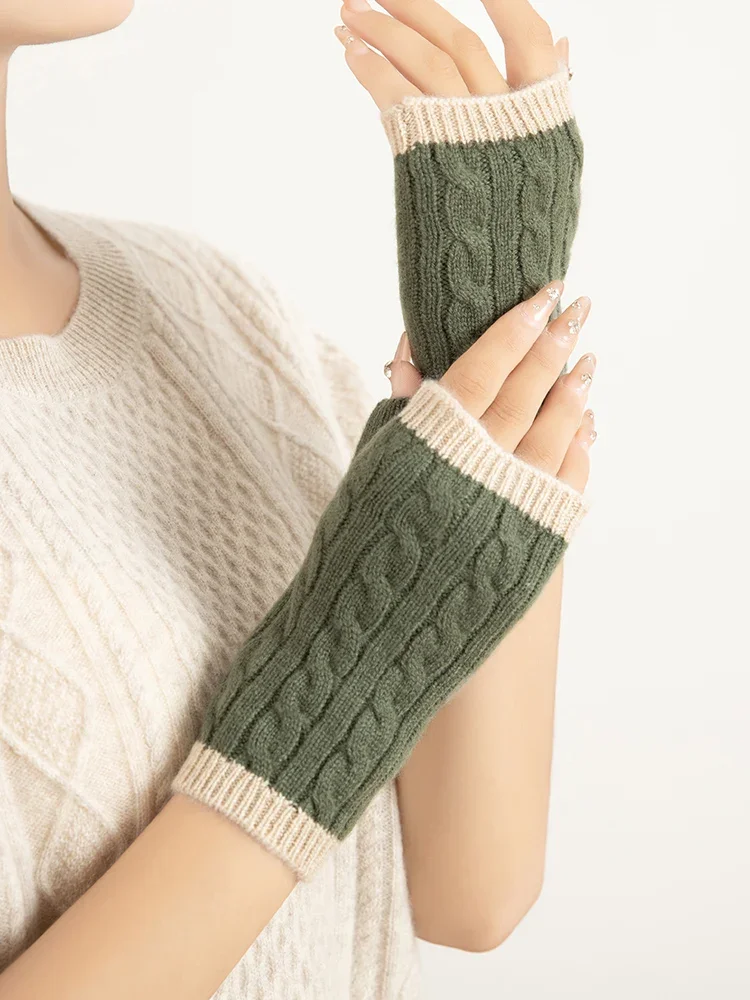 2024 Women 100% Baby Cashmere Cable Knit Mitts Two-Tone Fingerless Winter Thermal Gloves Semi Finger Drive Mittens Arm Warmers