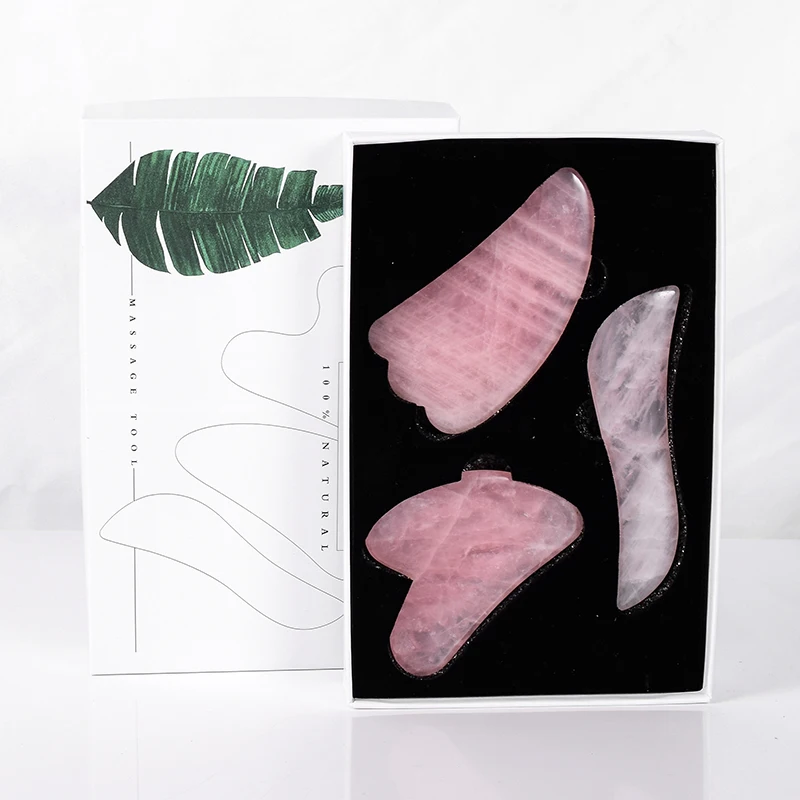 Rose Quartz Gouache Scraper Gua Sha Massage For Face Natural Gouache Stone GuaSha Massage Tools Body Facial Jade Massager Set