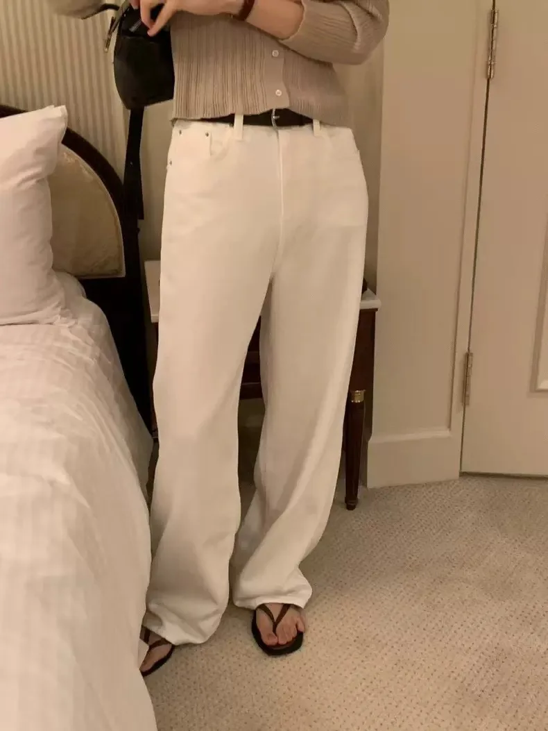 Hoge taille rechte pijpen Casual pure kleur OUNCE Jeans Ele Herfst Winter Dames Loose Fit Comfortabel ademend denim