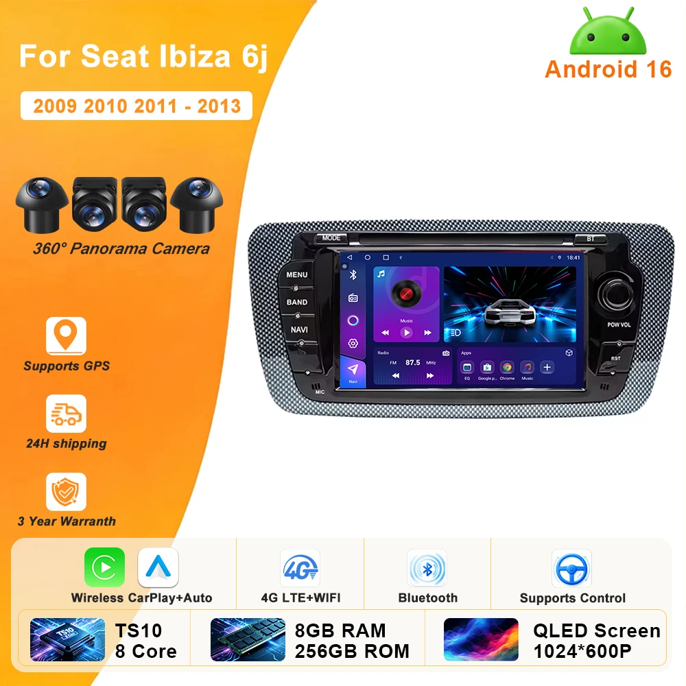 Wireless CarPlay Android Auto Car Radio For Seat Ibiza 6j 2009 - 2013 4G WiFi Multimedia GPS Navigation Head Unit Stereo No 2Din