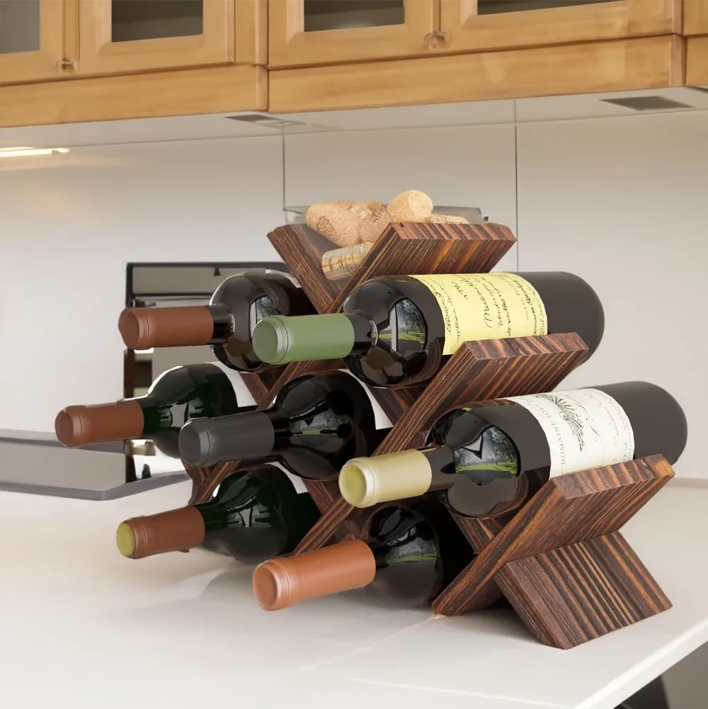 Rustic Wood Wine Rack for 8 Bottles with Cork Storage, Freestanding Tabletop Organizer in Walnut Finish