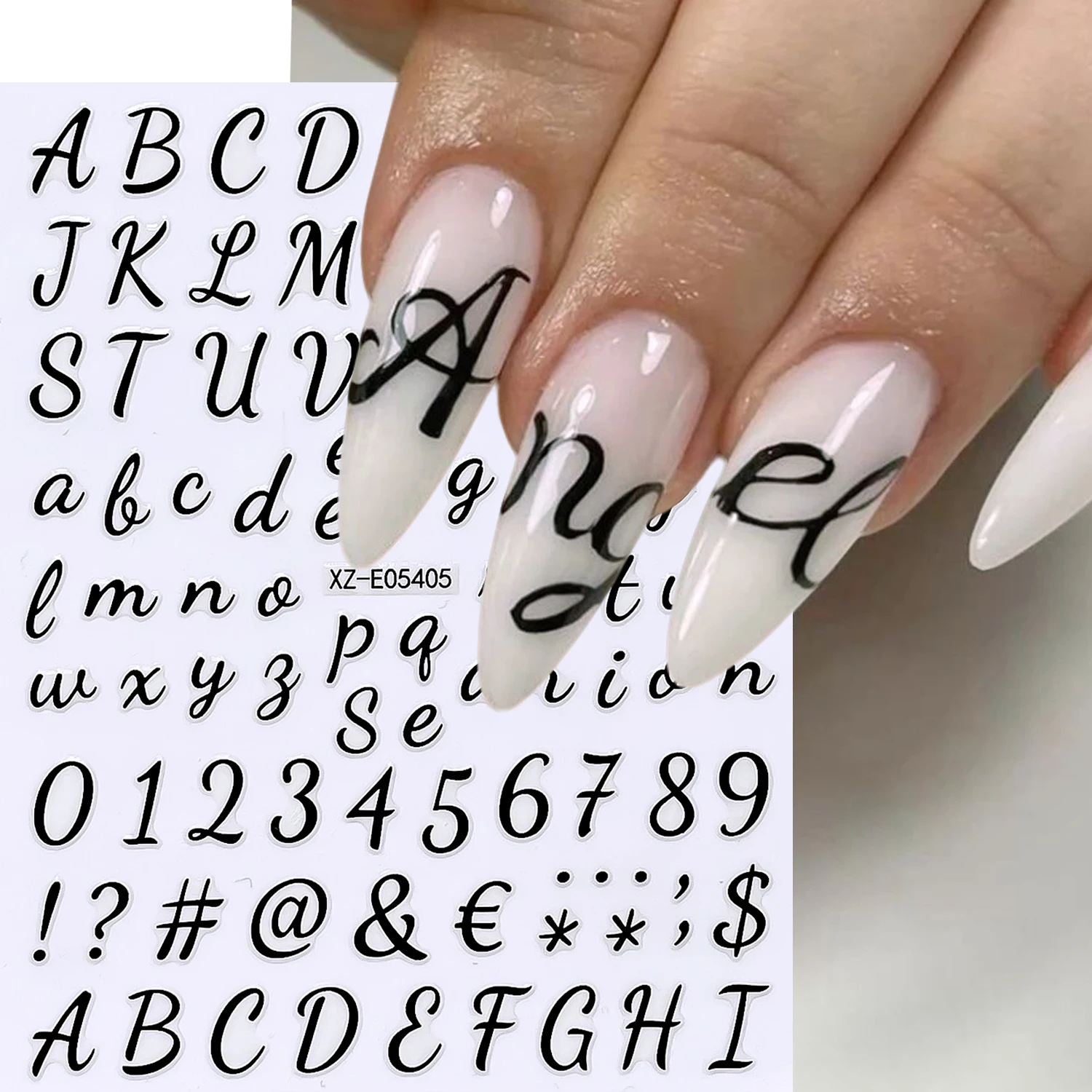 4Pcs Cursive‑Script Letter Nail Stickers 3D 0-9 Number‑Symbol Self‑Adhesive Nail Decals Y2K Elegant Custom‑Name Nail Art Decor