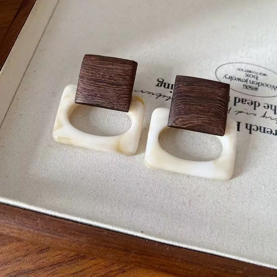 Cream Square Geometric Dyeing Resin Wood Splicing Earrings Retro Niche Fashion Jewelry For Women Daily Holiday Wearing
