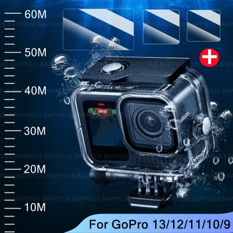 60M Depth Waterproof Case for Go Pro Hero 13 12 11 10 9 Black Glass Underwater Diving Housing Cover for Gopro Camera Accessories