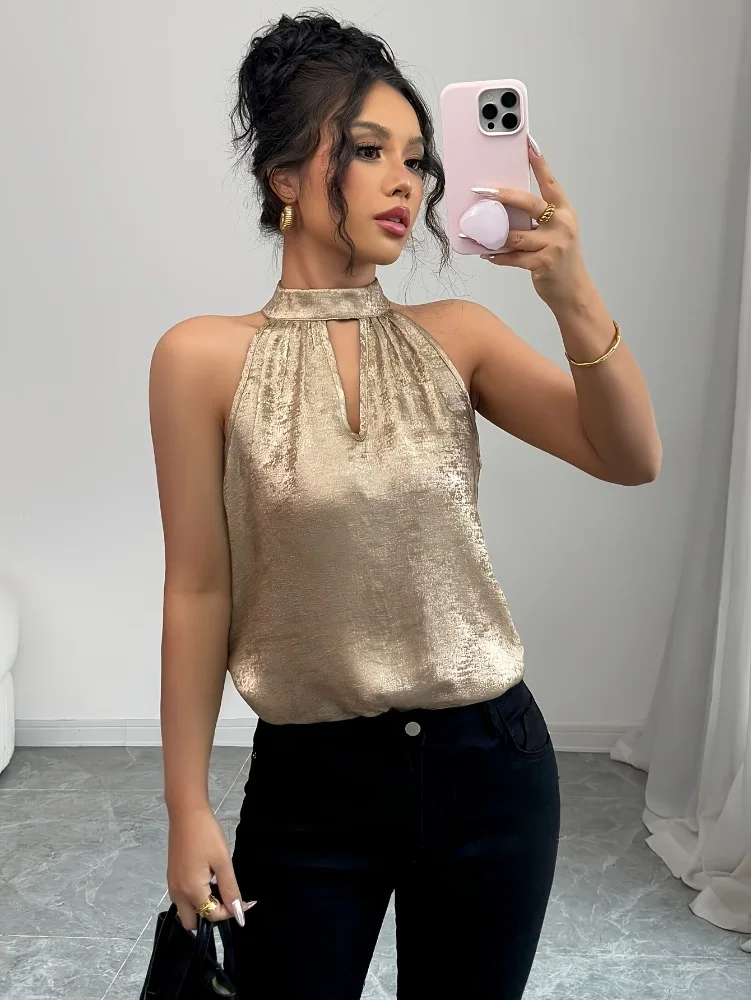 Summer New Champagne Golden Shiny Glossy Halter Neck Off Shoulder Hollow Out Sleeveless Blouse Womens Sexy Elegant TopS