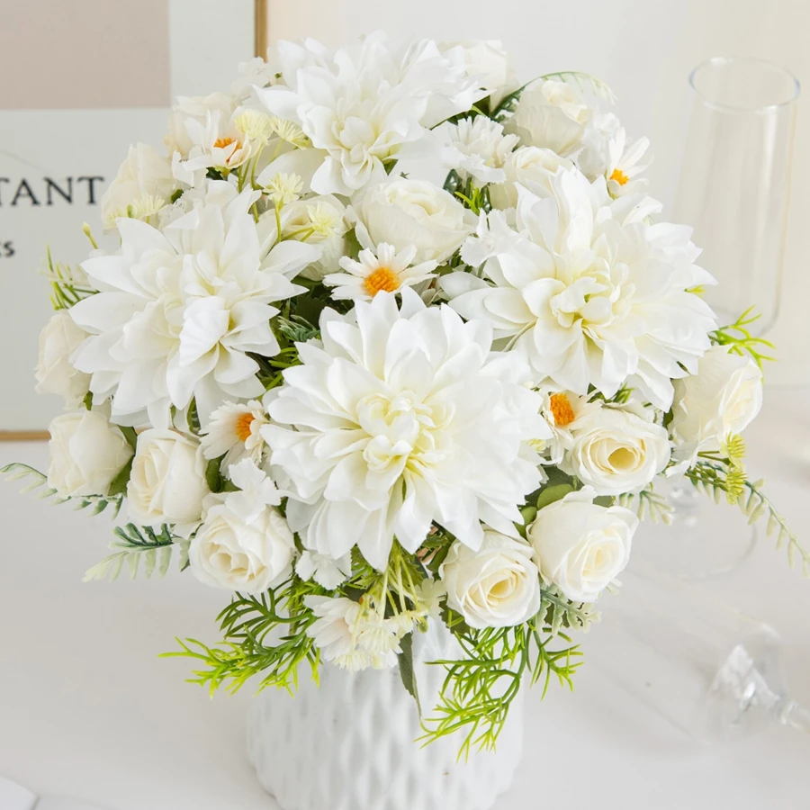 Flores Artificiales de Rosa, Corona de Boda, Decoración para el Hogar, Ramo de Novia Colorido, Jarrones de Seda para Jardín, Dalias, Hortensias, Rellenos de Jarrones, Gran Venta