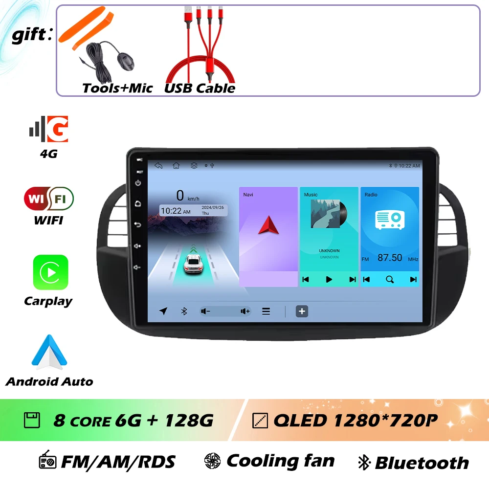 9 ''Android 16 Autoradio Stereo voor Fiat 500 2007-2015 met GPS Navigatie Stuurbediening Multimedia Carplay auto WIFI
