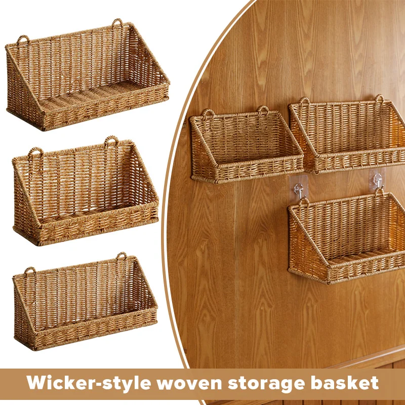 

1Pcs Rustic Wall Mounted Rattan Basket with Hooks Woven Wicker Storage Organizer Shelf for Bathroom Kitchen Bedroom Living Room