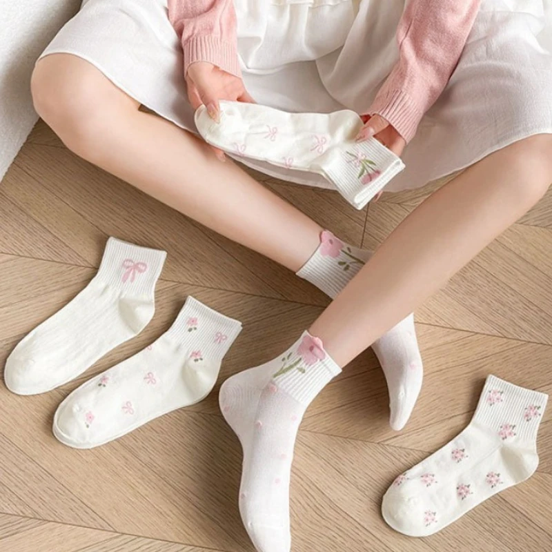 New Pink Bowknot Flower Cute JK Kawaii Short Socks Women's Designer Socks Japanese Fashion All-match Sports Casual Ankle Socks