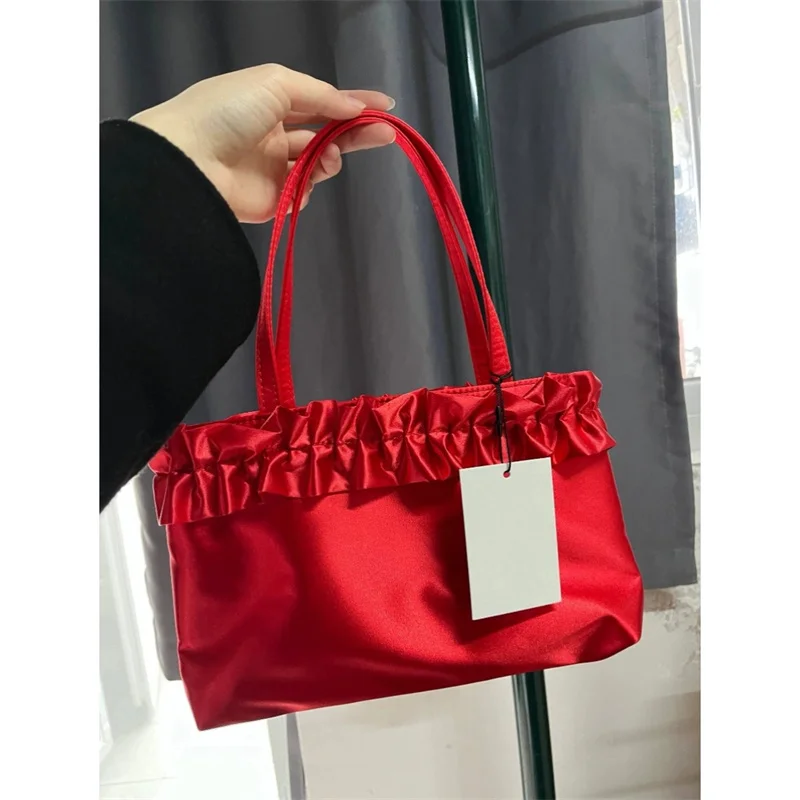 

Ручная сумка в стиле ретро с красным кружевом и рюшами по краям для женщин, свадебная большая вместительная сумка-тоут для путешествий, сумка на плечо под мышками