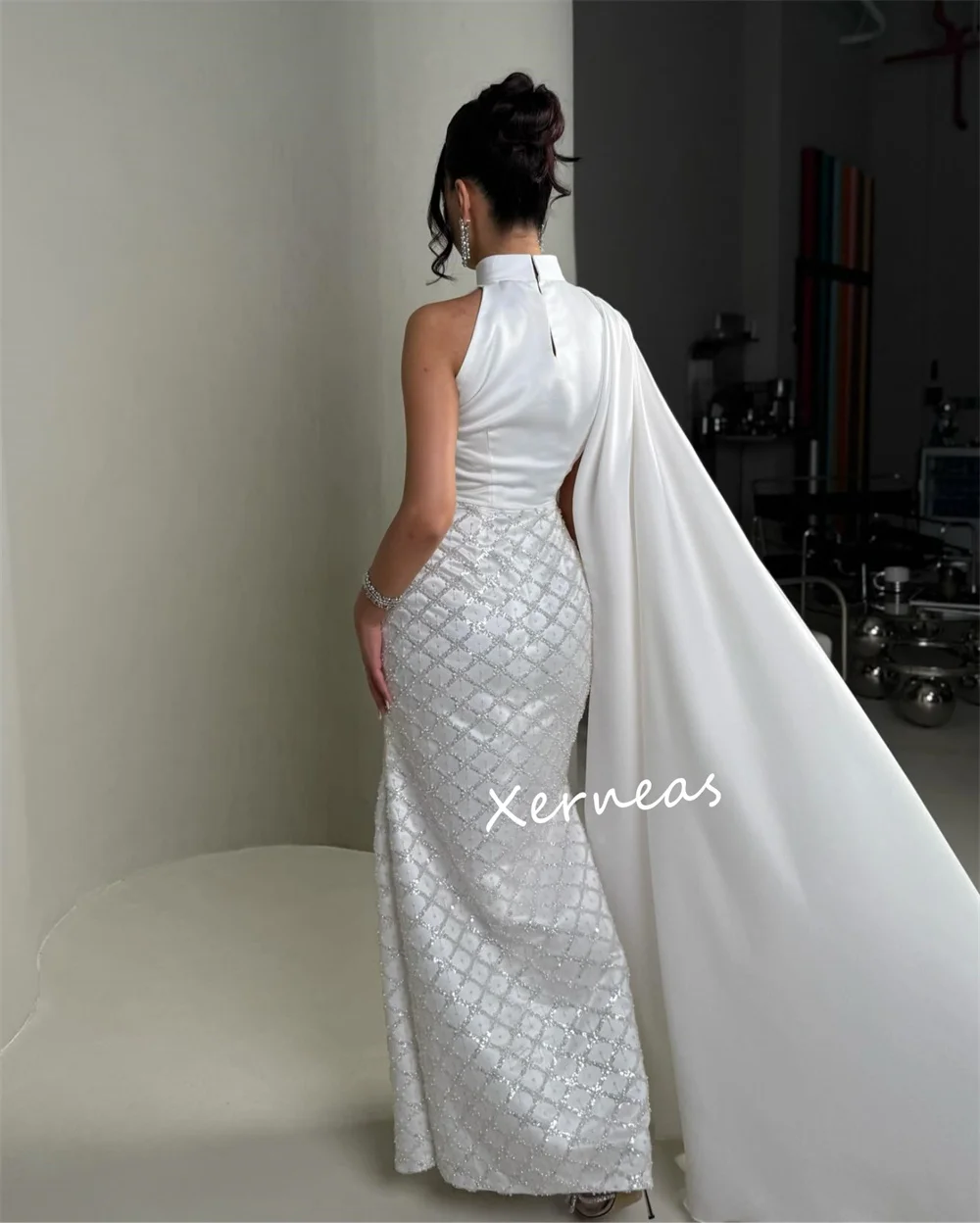 Abiti midi a collo alto con paillettes Charmeuse personalizzati Abito da sera per occasioni su misura Elegante festa nuziale scintillante