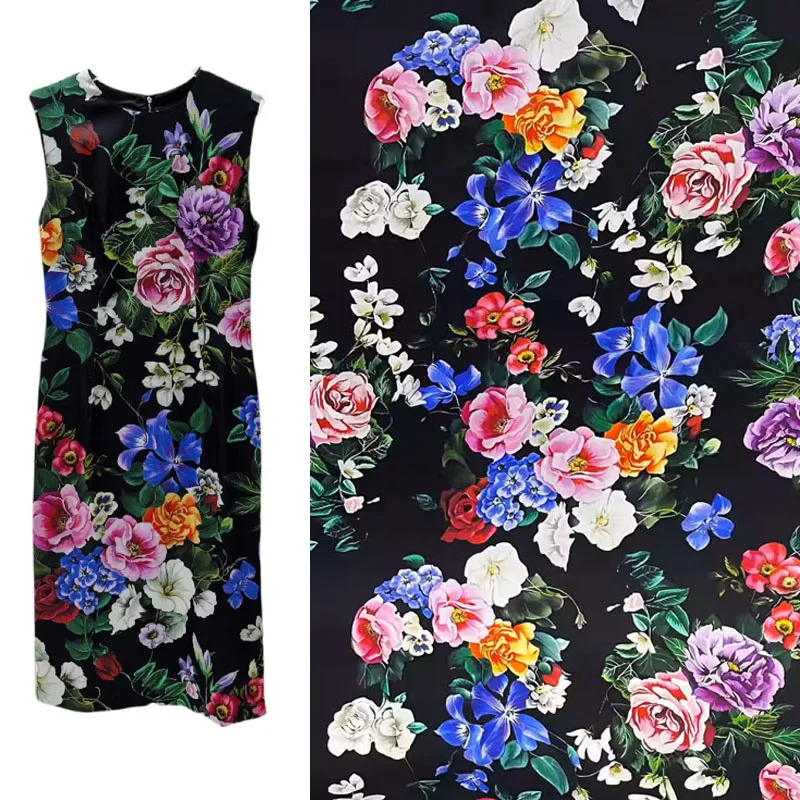 

Black Background Colorful Flower Printed Poplin Cotton Fabric For Dress/Blouse Telas Para Costura Tissus DIY Sewing Material