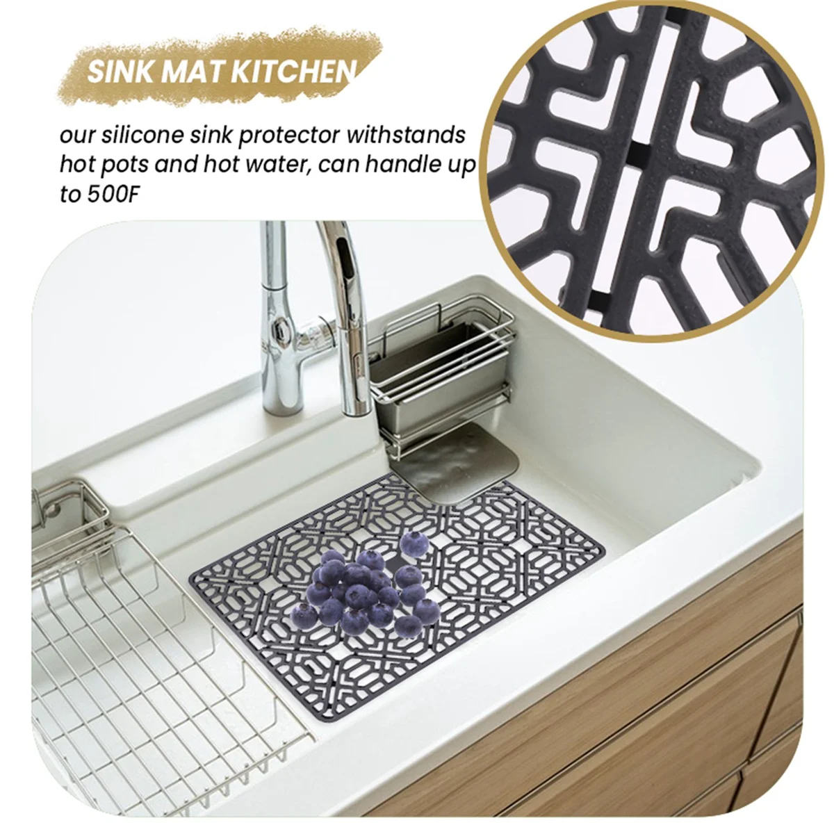 HITL 싱크 매트 주방 싱크 보호대, 스테인리스 또는 도자기 싱크용, 실리콘 그레이 논슬립 열 보호