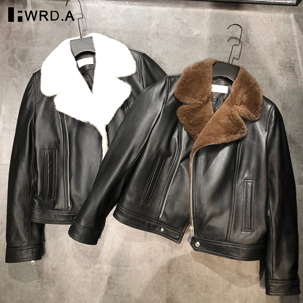 FWRD Giacca da motociclista in pelle di agnello con collo in pelliccia di visone per donna Cappotto invernale imbottito slim fit Capispalla da moto in pelle calda Moda # FWRD8694