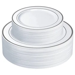 25/10PCS Silver Plastic Plates-Disposable Plastic Plates with Silver Rim- Wedding Party Plates Dinner Plates /Salad Plates