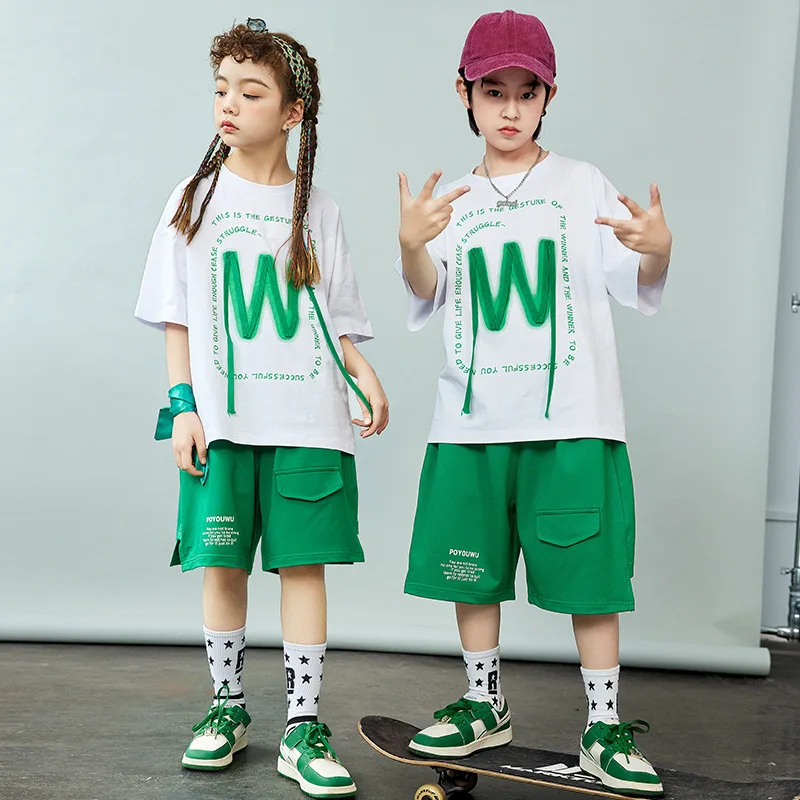 Summer Street Dance Clothes for Kids Costume Hip Hop Jazz Dancing Performance Outfit Letter Print T Shirt top Shorts Dancewear