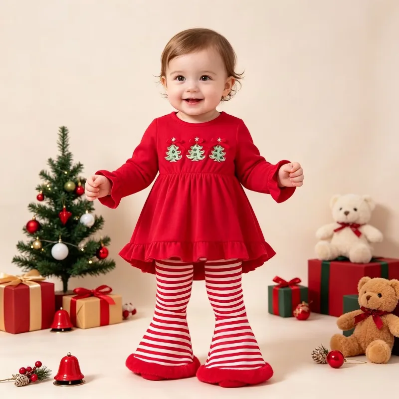 Baby Girl Christmas Red Dress Tree Embroidery Striped Tights Holiday Outfit Newborn Infant Toddler Clothes