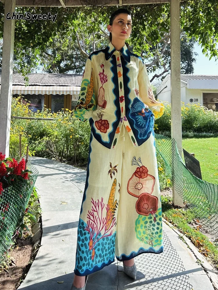

Chic Loose Printed Pants 2 Piece Set Women Lapel Single Breasted Long Sleeved Shirts Wide Legs Pant Suits Spring Street Outfit