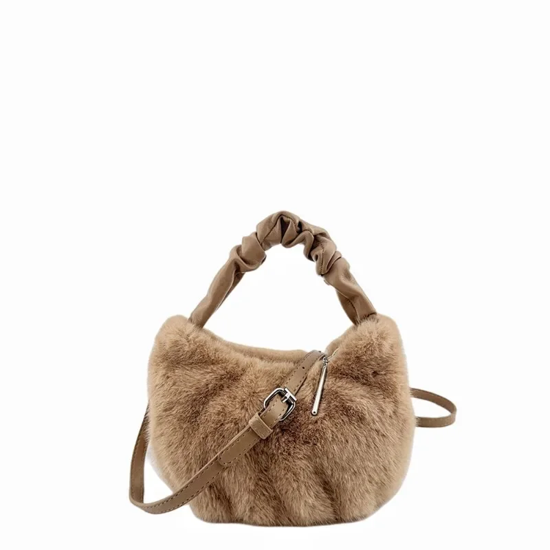 Bolso cruzado de piel sintética bonito de invierno, bolso Hobos informal de media luna con cremallera a la moda para mujer, bolso de hombro de felpa esponjoso, bolso principal