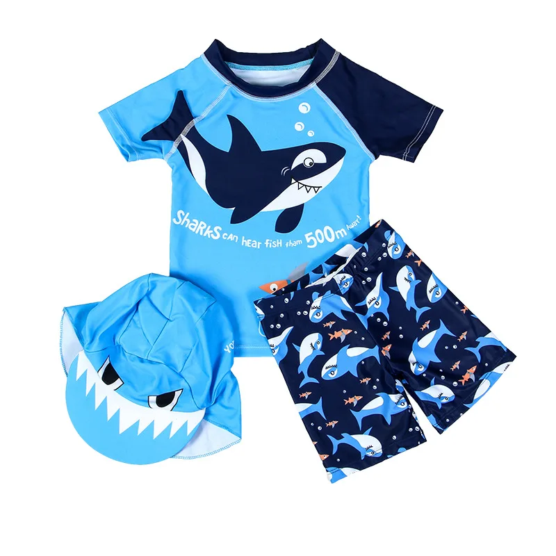 1-7Y Kids Children Boys Two Piece Swimsuit Swimwear Toddler Bathing Suit Beachwear Shark Style Top Boyshort Sunhat 3pcs/set Blue