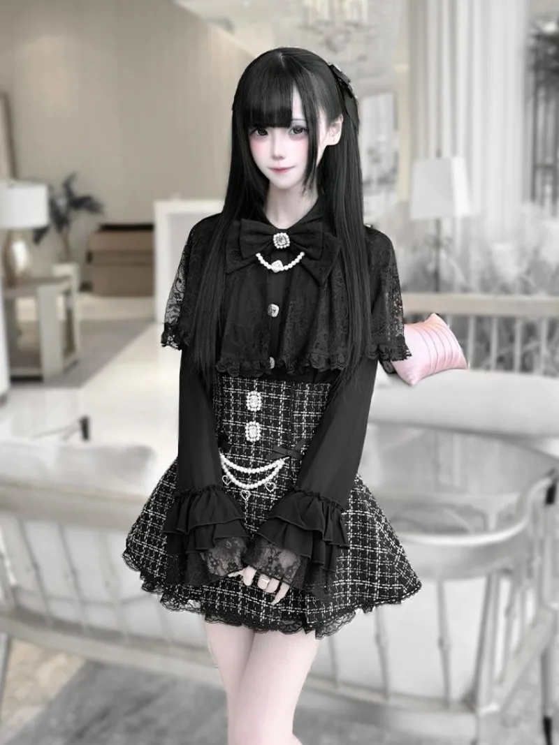 Kawaii فتاة اللؤلؤ القوس الدانتيل عباءة قميص + تنورة عالية الخصر مجموعات فساتين فتاة يابانية Y2k قطعتين مجموعات ملابس نسائية الخريف جديد