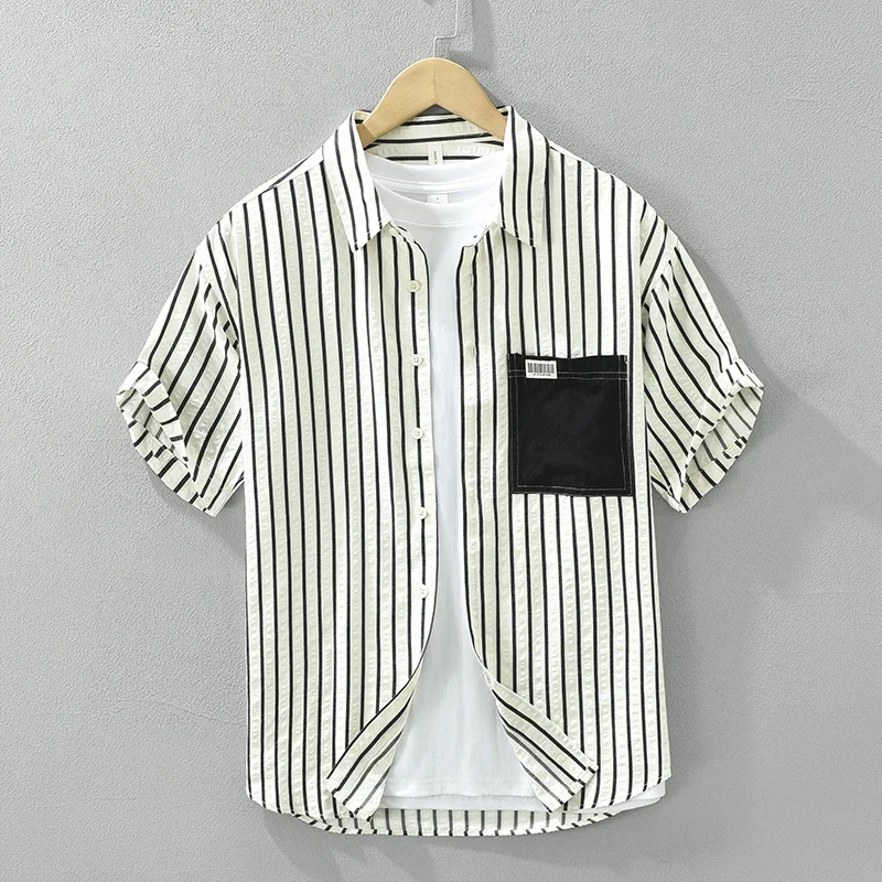 Camisa de manga curta listrada masculina, algodão com gola virada para baixo, camisas casuais, roupas da moda masculina, verão, novo, 2024