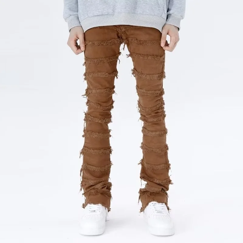 

2023 American High Street Erosion Damaged Fur Vintage Jeans Men's Youth Trendy Straight Slender Slim Micro Pants streetwear