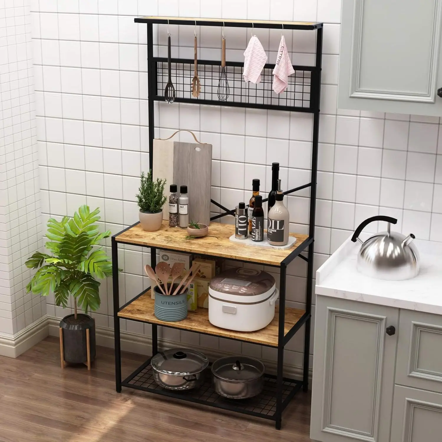

soges Kitchen Baker's Rack, 4-Tier Design, Microwave Stand, Rustic Brown, Utility Organizer, Mesh Bottom Panel, Free Standing wi