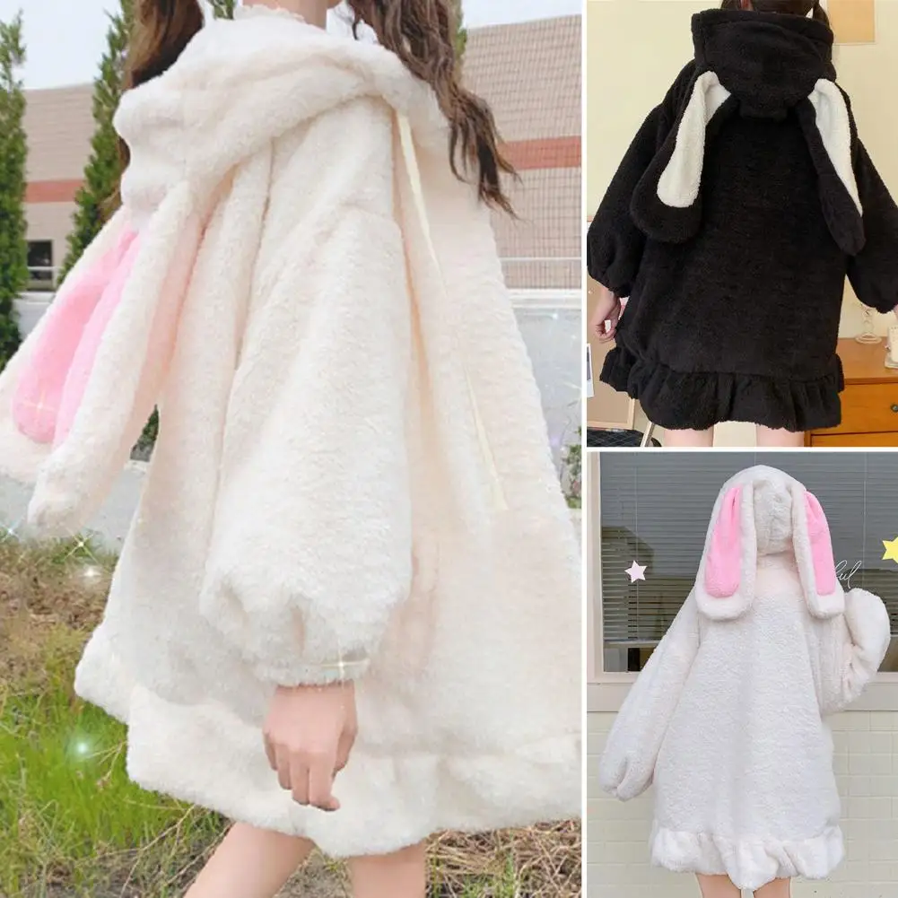 Autumn Winter Women Hoodie Coat Bunny Ears Hooded Zipper Plush Coat Lolita Elastic Cuff Sweatshirt Jacket For Shopping