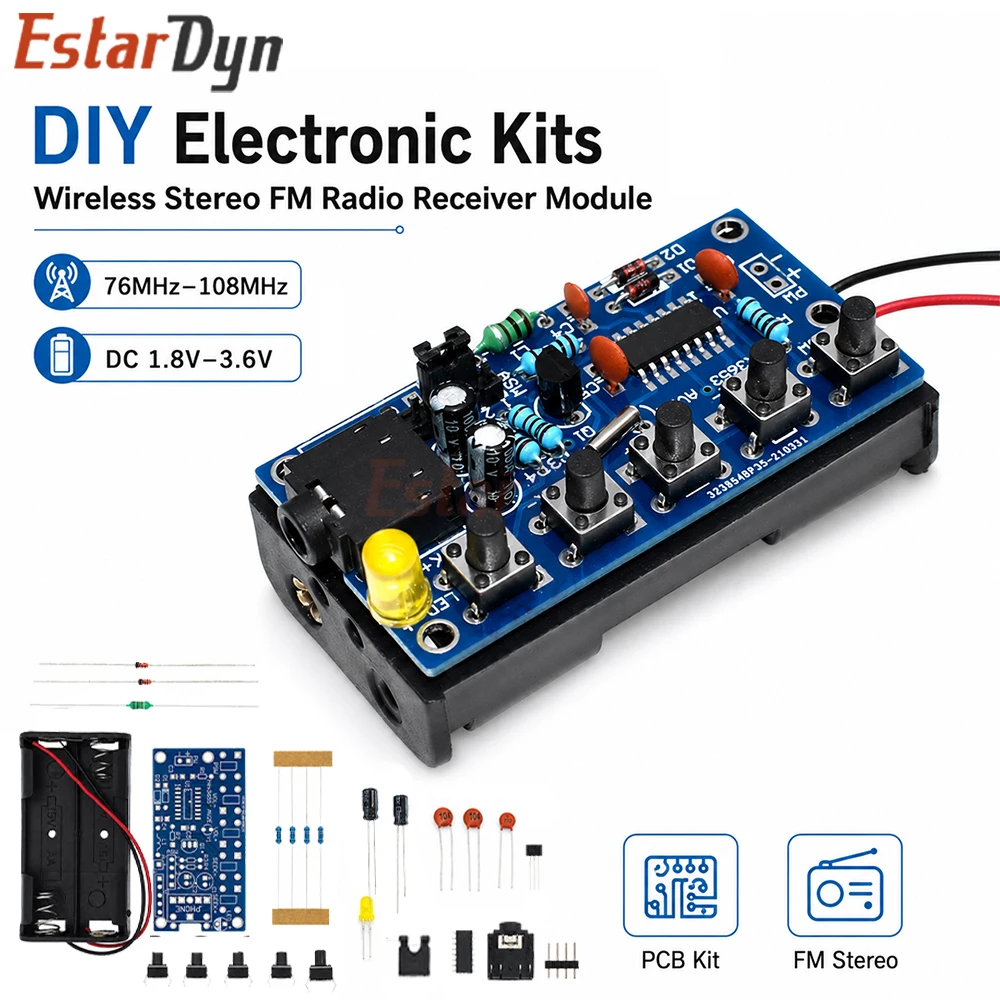 Estardyn DIY FM Radio Receiver Kit Wireless Stereo PCB Module 76-108MHz DC 1.8-3.6V Soldering Practice Board