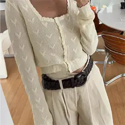 Fall outfits women 2022 cropped cardigan long sleeve cute crop sweater kawaii knitwears heart square neck top knitted