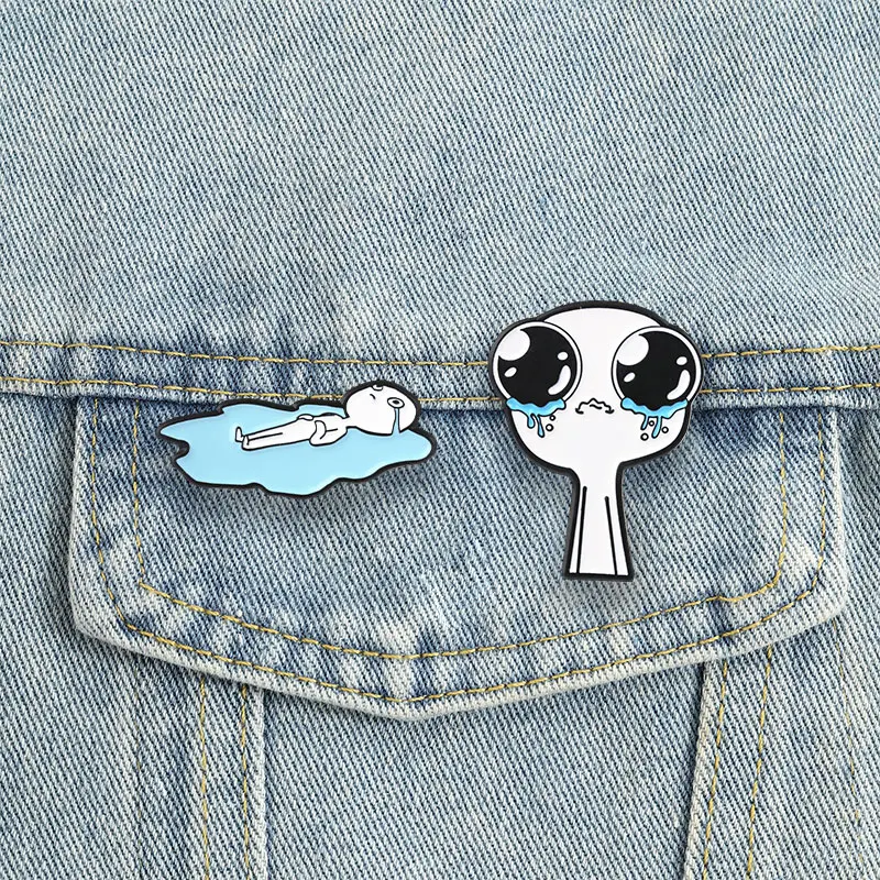 Weinende Große Augen Emaille-Abzeichen Lustiger Meme-Mann Trauriger Gesichtsausdruck Pin Liegt in einer Pfütze Strichmännchen Metallbrosche Anstecknadel Accessoire Geschenk – Detail 2