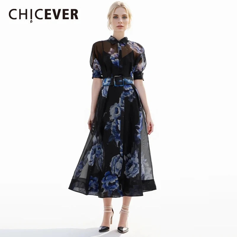 

CHICEVER Flowers Print Dresses For Women Lapel Single Breasted Puff Sleeve Hight Waist Spliced Belt Maxi Dress Female Summer