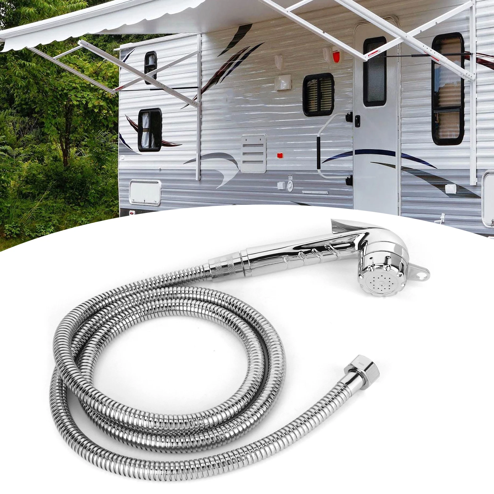 External Nozzle Water Supply Shower Head Stainless Steel W/1.5m Hose 1/2 Thread RV Shower Head Hose Shower Hose Nozzle