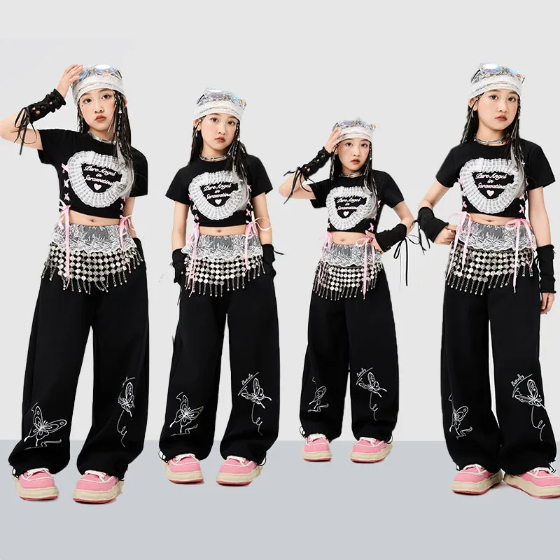 

Kid Kpop Hip Hop Clothing Black Lace up Heart Crop T Shirt Top Casual Butterfly Sweat Pants for Girl Jazz Dance Costume Clothes