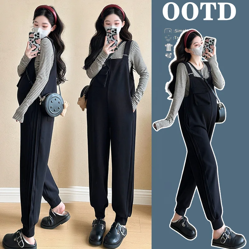 

2025 Petite and Plus Size Pregnancy Outfit Spring Overalls with Striped Top Casual Maternity Two Piece Set Comfortable Trendy