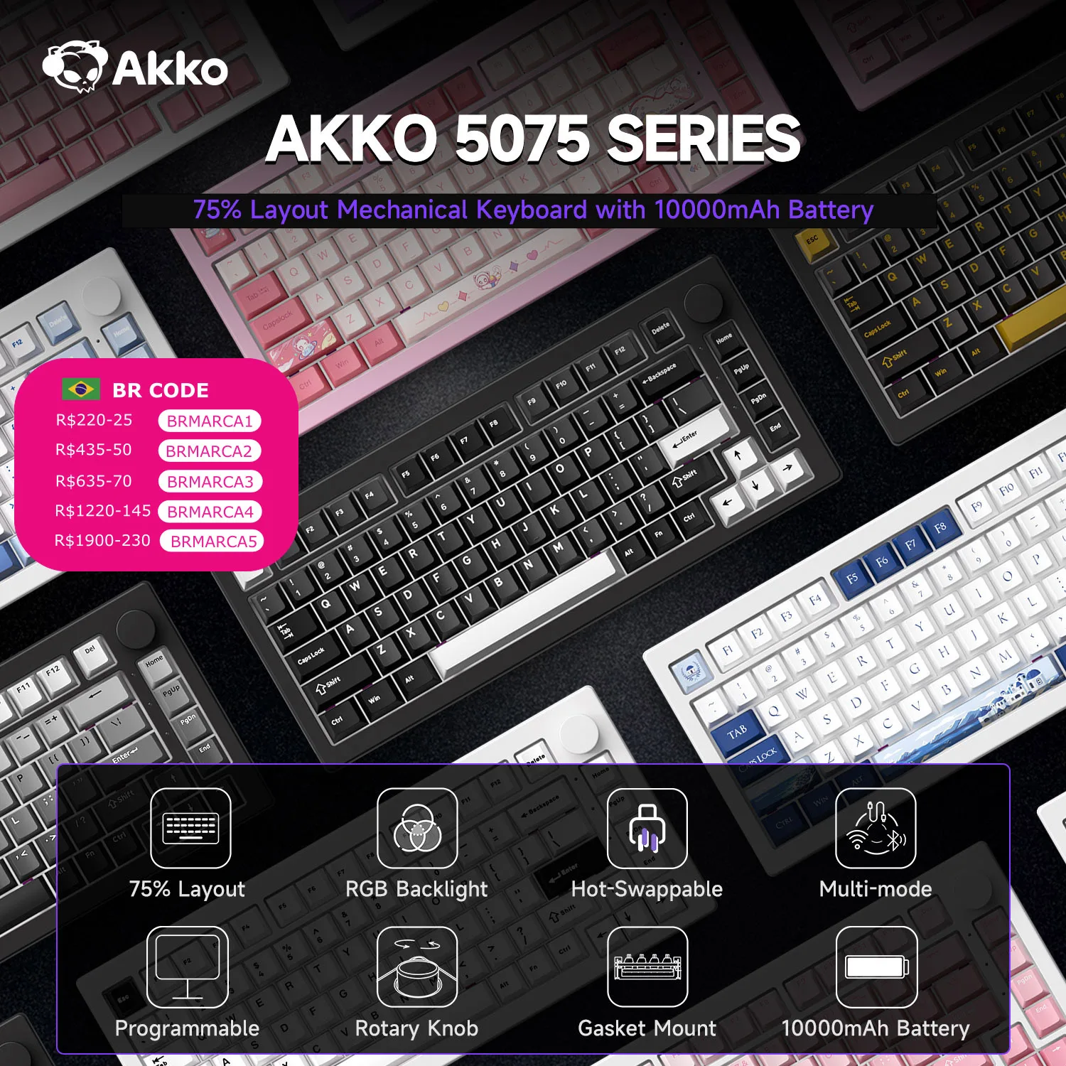 Akko 5075 V3 75% Mechanical Keyboard 8000/10000mAh 2.4GHz Wireless/ Wired Type-C/BT 5.0 Hot Swap RGB Gasket for Gaming Typing