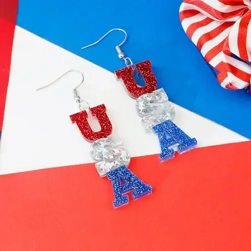 Classic Fashion Red White Blue Alloy Letter Studded Diamond Geometric Shape Earrings Ladies Graduation Gift