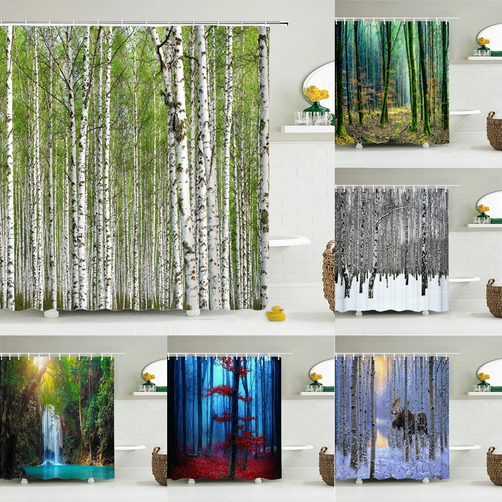 Birch Trees Forest landscape Shower Curtain Waterproof Fabric Bathroom Curtains Natural Scenery Bath Screen with 12 Hooks