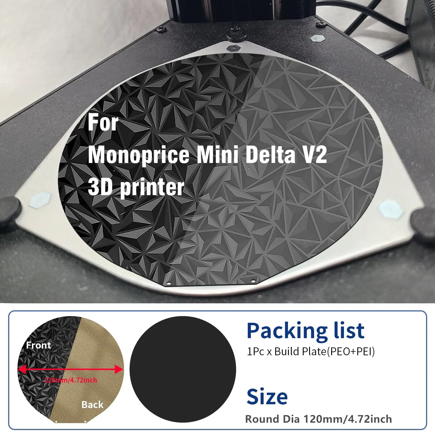 

Обновленная круглая рабочая пластина диаметром 120 мм, гладкая/текстурированная кровать PEO + PEI с подогревом из пружинной стали для 3D-принтера Monoprice Mini Delta V2