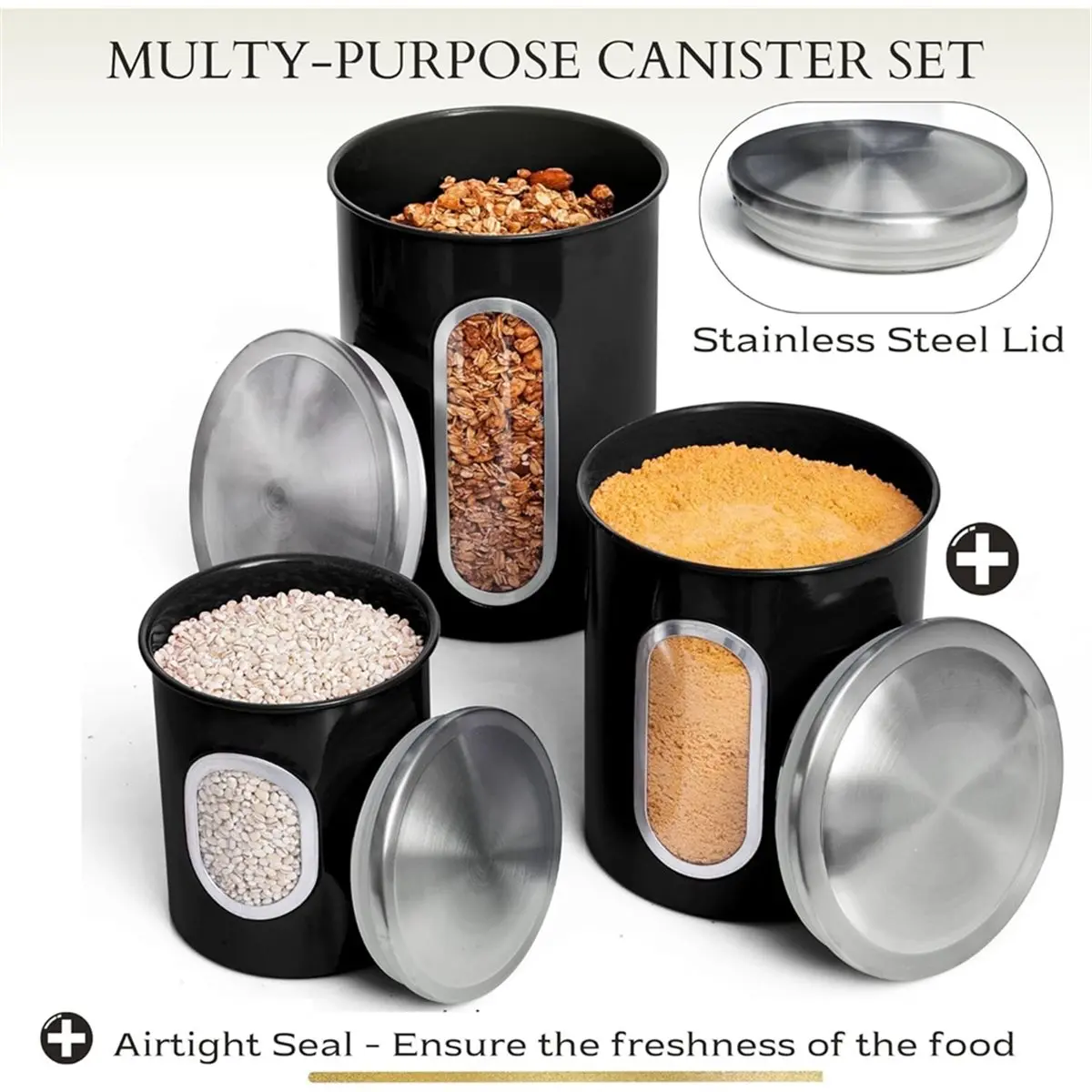 Canisters Set for Kitchen Counter Storage, 3-Piece Metal Food Saver Jars Set with Airtight Lids, Black, for Coffee Beans