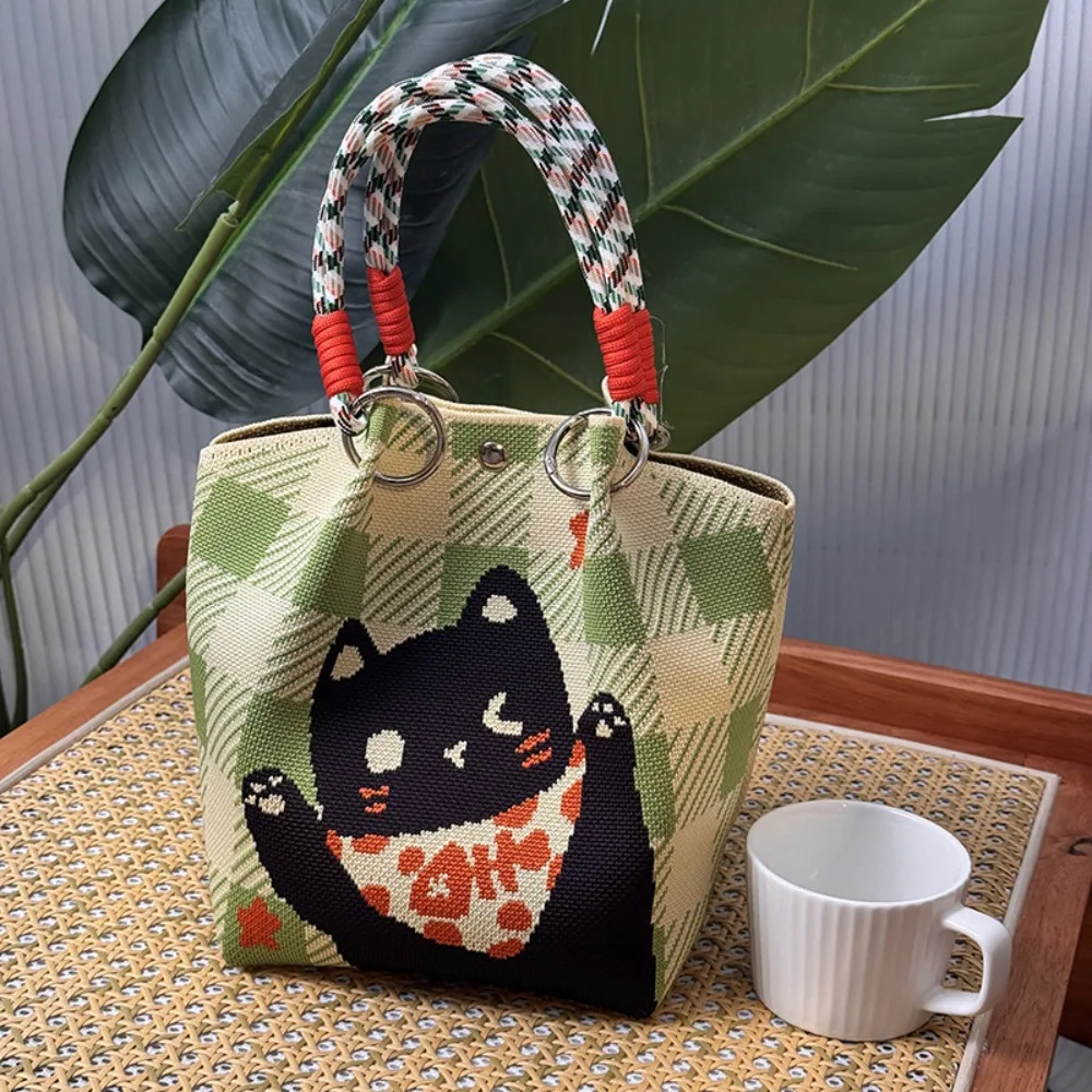 

Вязаная большая сумка с милым котом, вязаная сумка с рисунком медведя, тканый кошелек, шерстяная сумка-ведро, студенческая
