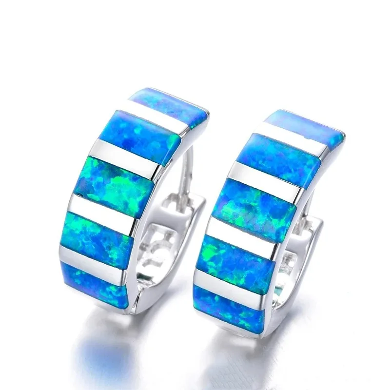 New Fire Opal Hoop Clip Silver Earrings CZ Charm Crystal Stud Earring for Women Fashion Jewelry Gifts