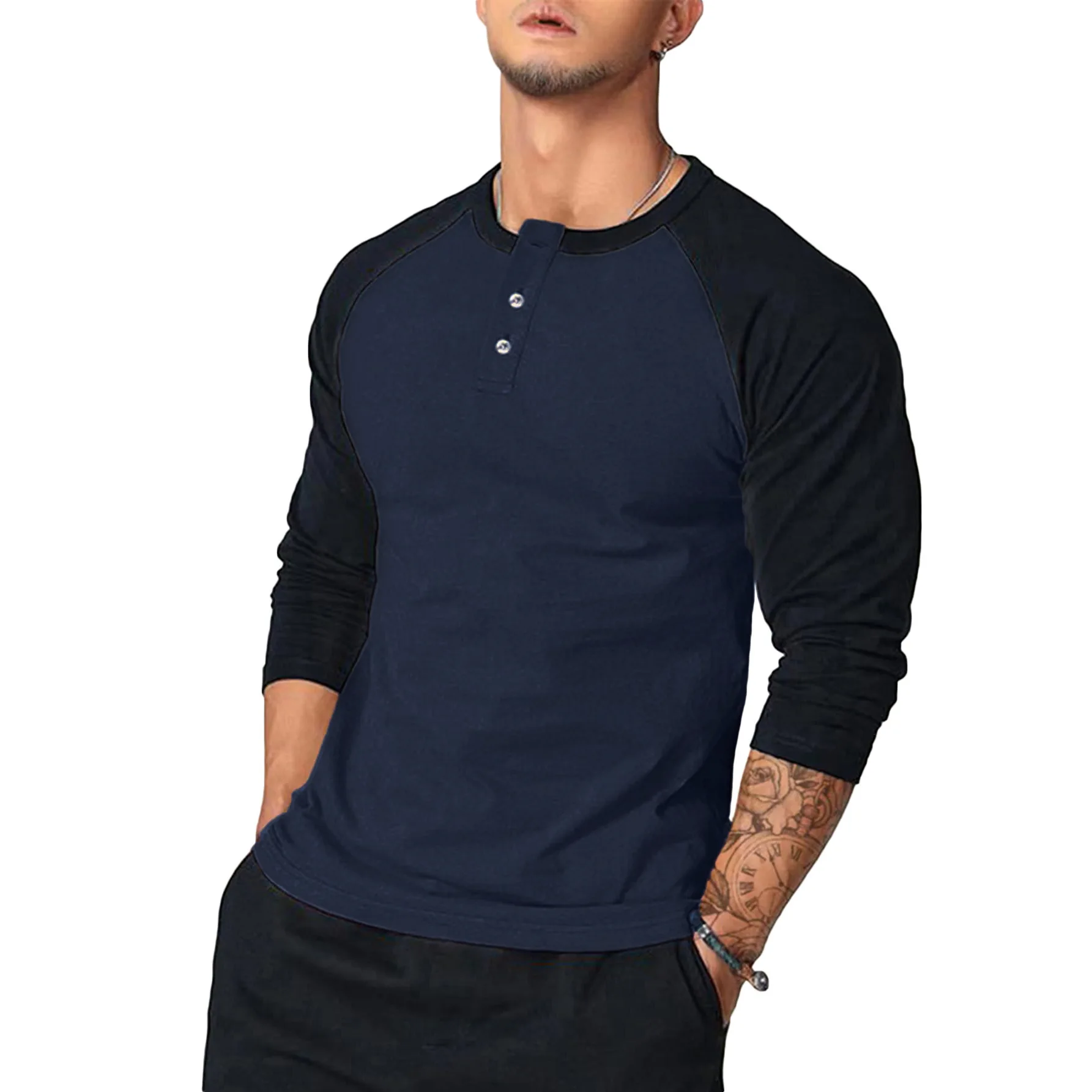 New Men\'s Casual T-shirt Men\'s Round Neck Slim Arm Color-blocked Long Sleeve T-shirt European and American Base Shirt