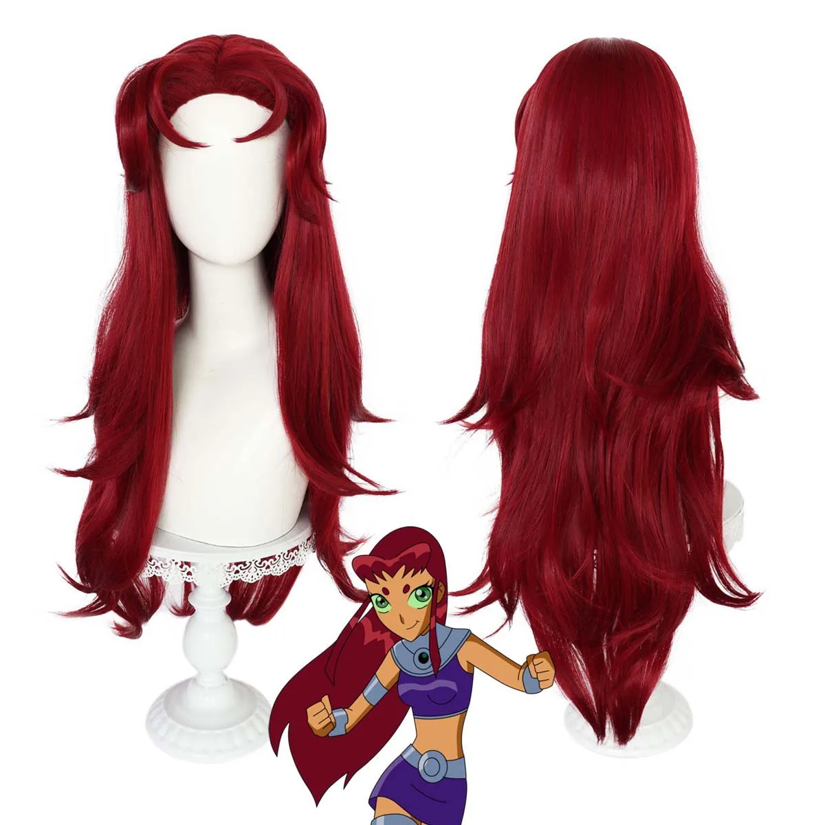 Women Teen Titans Starfire Cosplay Wig 85cm Long Wine Red Heat Resistant Synthetic Hair Adjustable Net Cap For Costume Props