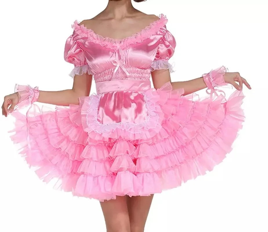 

Sexy sissy French maid pink satin lockable lace multi-layer ruffle edge dress maid cosplay costume customizable